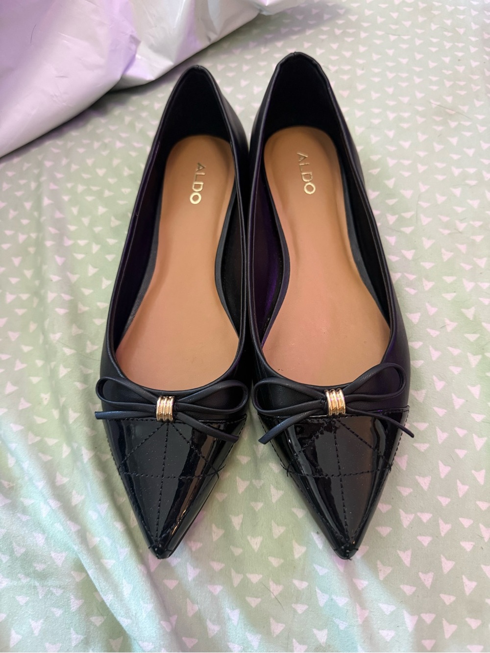 ALDO Black Patent Pointed Toe Bow Flats with Gold Accent